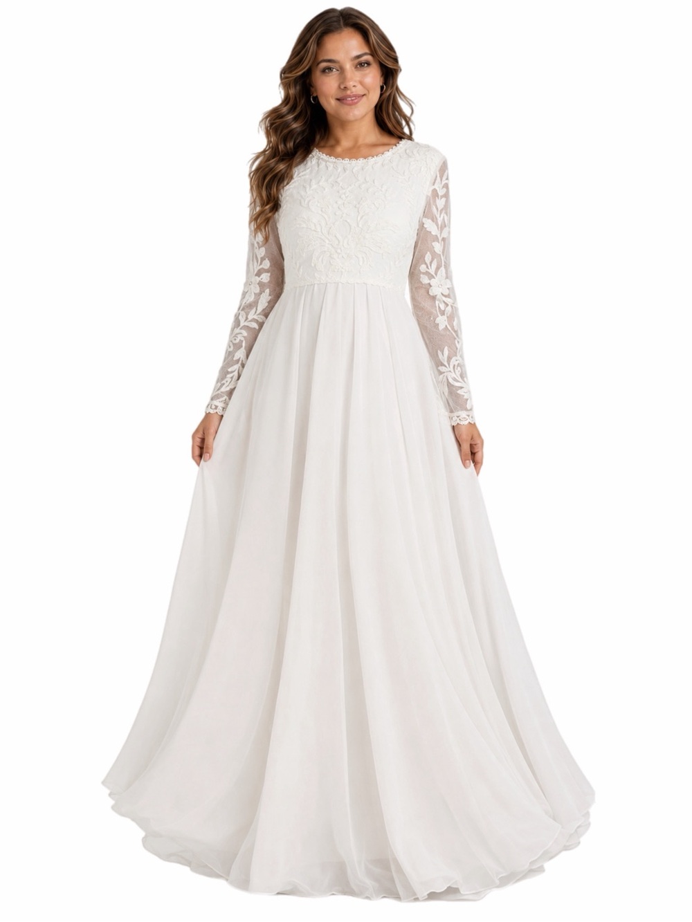 Y2K Vintage Embroidered Lace Pleated Skirt Long Sleeve Maxi Dress (Ivory) M/L